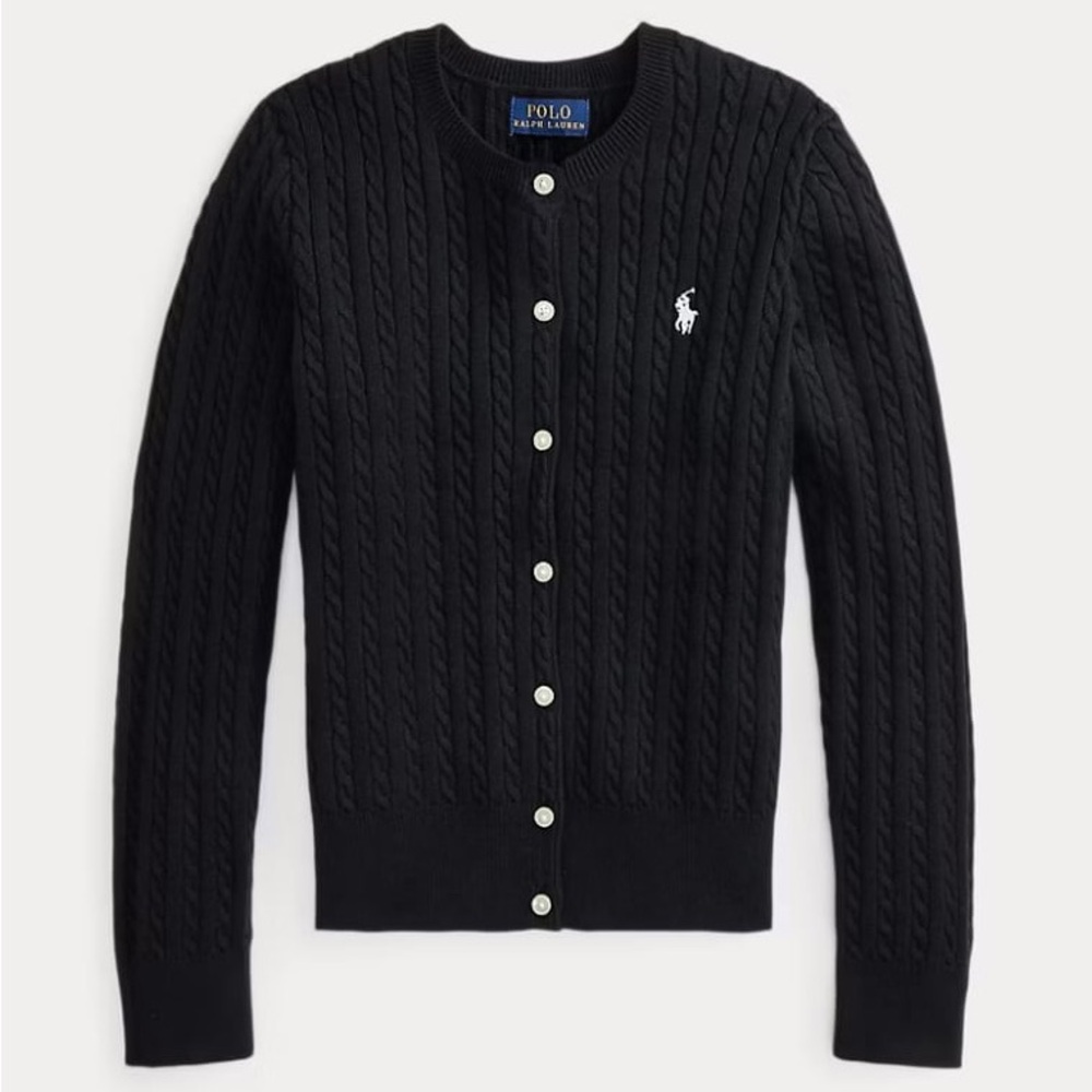 Polo by Ralph Lauren Girls Black Cable Knit Cardigan with White Pony